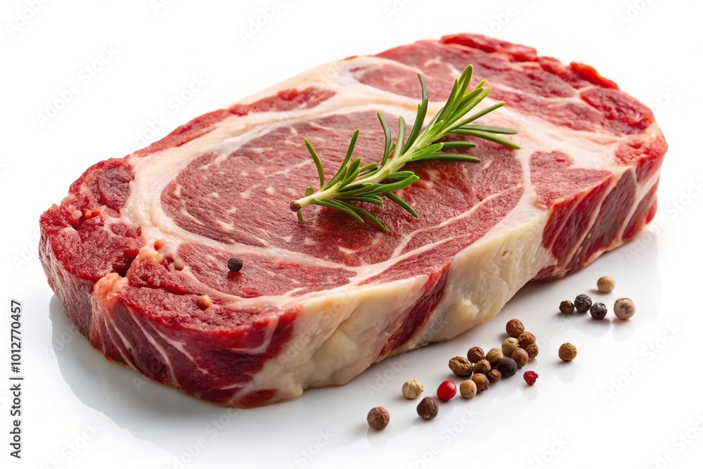 Obraz premium Fresh ribeye steak from marbled beef and spices on a white background tilted angle