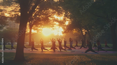 A group of people practicing yoga in a park at sunset, showcasing the tranquility and relaxation associated with the exercise