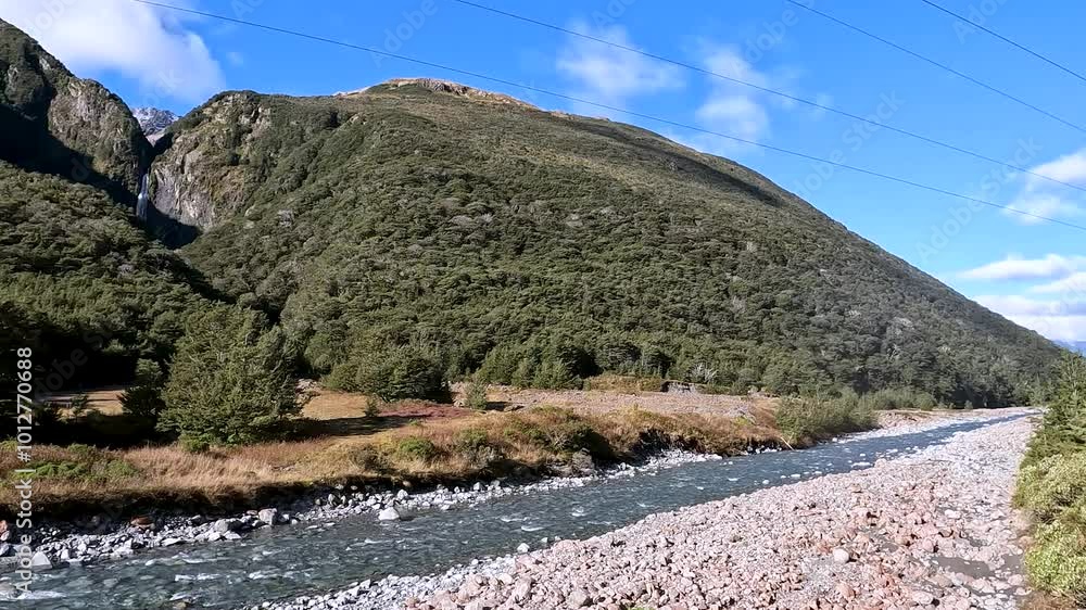 Braided Waimakariri River and Rocky Riverbed at Arthurs Pass Scenic Lookout, New Zealand - Alpine Mountain Valley and Rugged Terrain in Southern Alps Braided Waimakariri River and Rocky Riverbed at Arthurs Pass Scenic Lookout, New Zealand - Alpine Mountain Valley and Rugged Terrain in Southern Alps