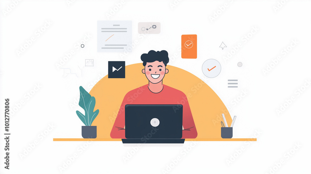 Smiling individual engaged in an online AI course at home, focused on learning with a laptop and various digital resources Smiling individual engaged in an online AI course at home, focused on learning with a laptop and various digital resources
