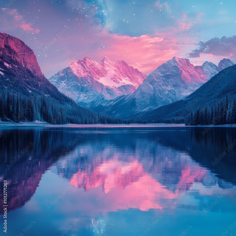 Majestic Mountain Lake at Sunset with Pink Clouds and Starry Sky Majestic Mountain Lake at Sunset with Pink Clouds and Starry Sky