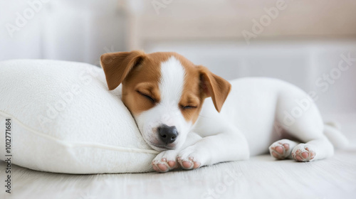 Puppy resting its head on a soft pillow in a peaceful home