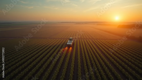 Tractor Spraying Crops at Sunrise in Field