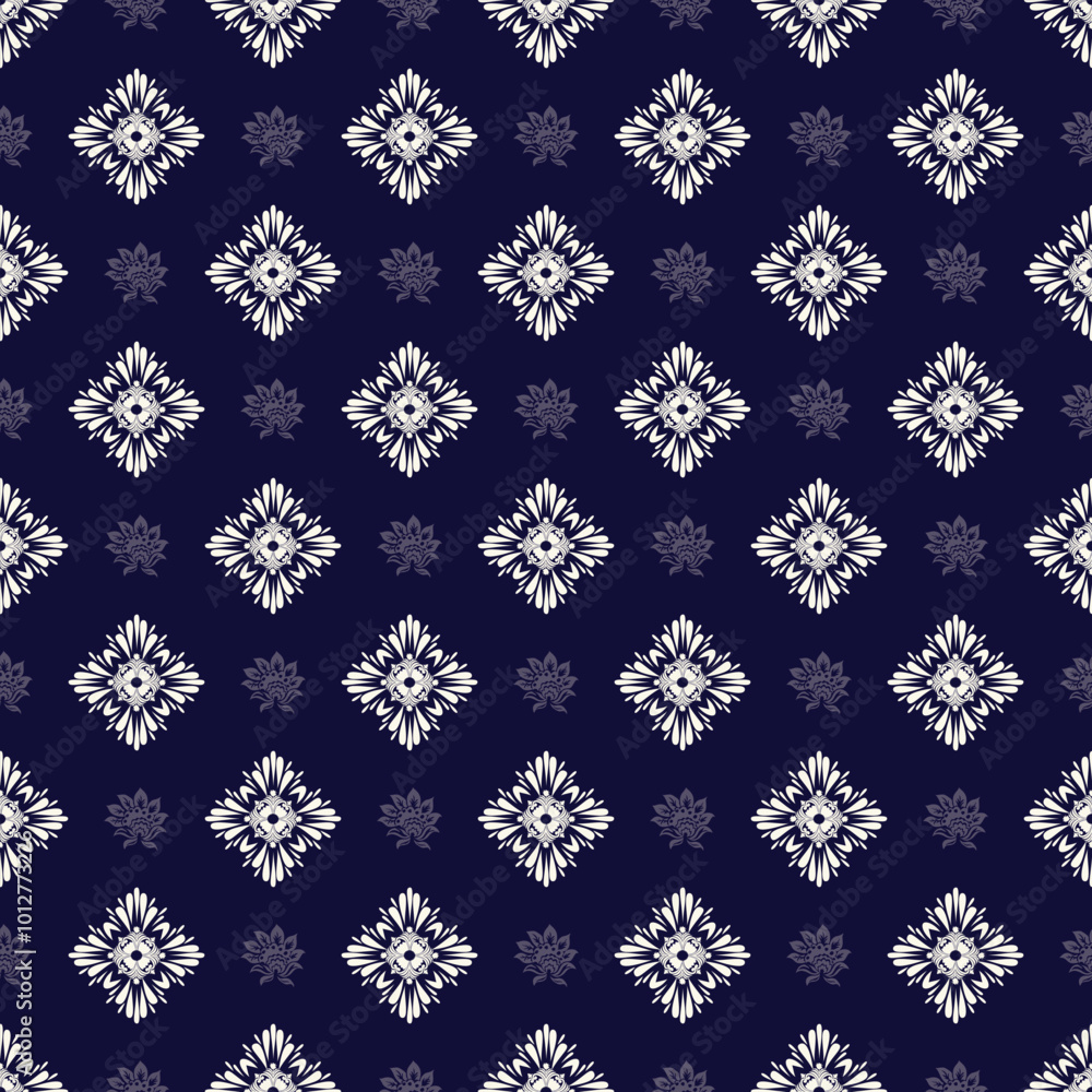 Oreintal damask seamless pattern embroidery with white fabric pattern and navy blue background Oreintal damask seamless pattern embroidery with white fabric pattern and navy blue background