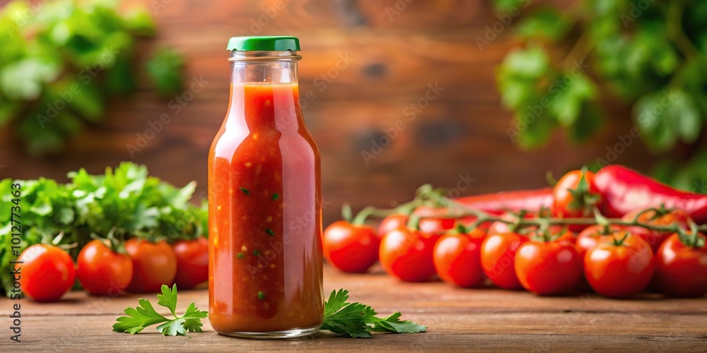 Fresh salsa sauce with cilantro garnish on top of tomatoes background Fresh salsa sauce with cilantro garnish on top of tomatoes background