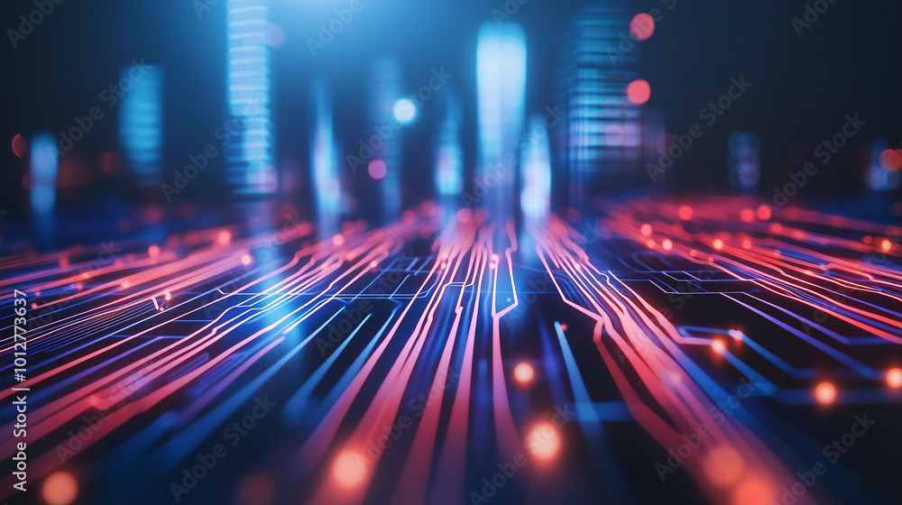Abstract digital cityscape. Flowing lines, holograms. Futuristic tech. Blurred foreground. Red path for progress. Abstract digital cityscape. Flowing lines, holograms. Futuristic tech. Blurred foreground. Red path for progress.