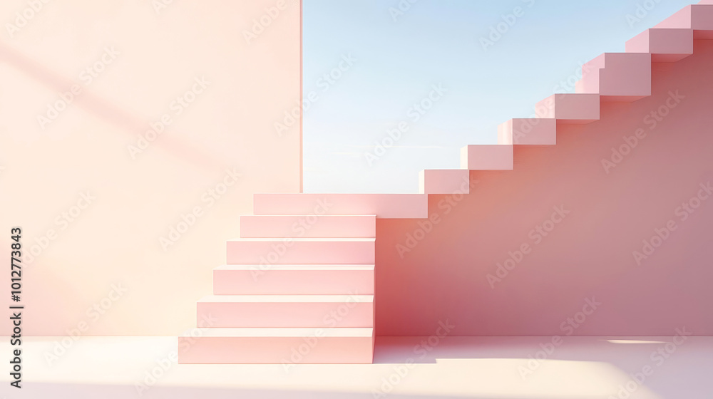 Obraz premium A minimalist pink staircase leads up to a pastel sky, creating a serene and stylish architectural space bathed in soft light.