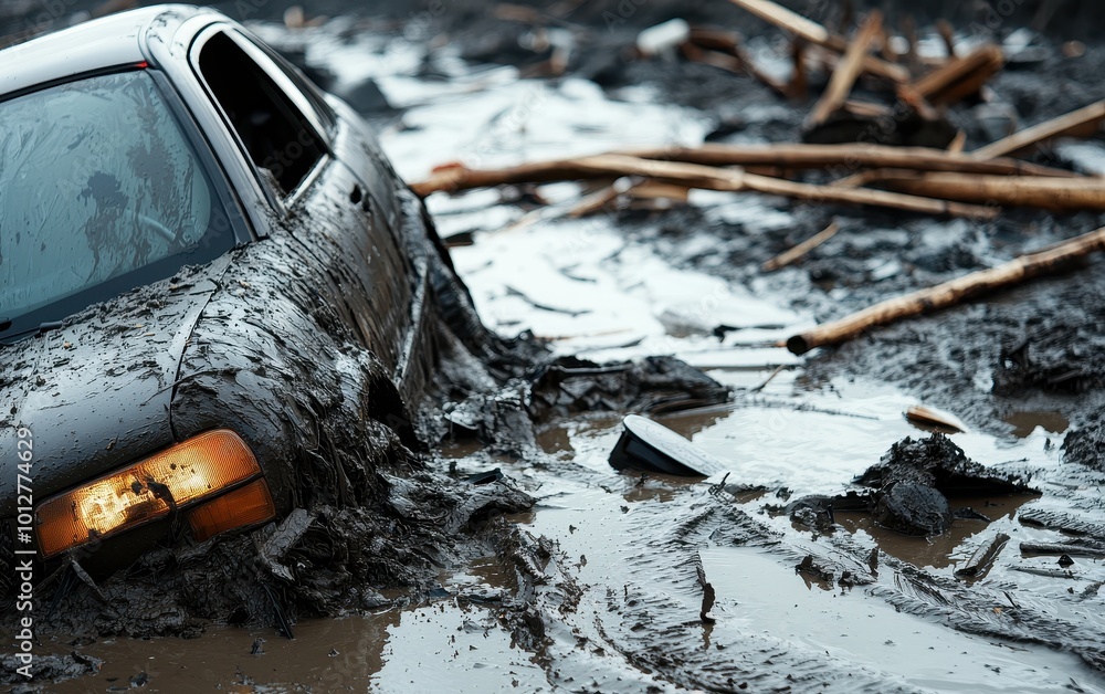 Obraz premium A car partially submerged in muddy water, illustrating the aftermath of floods and natural disasters.