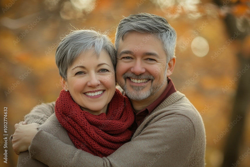 Smiling elderly couple embracing outdoors in fall Smiling elderly couple embracing outdoors in fall