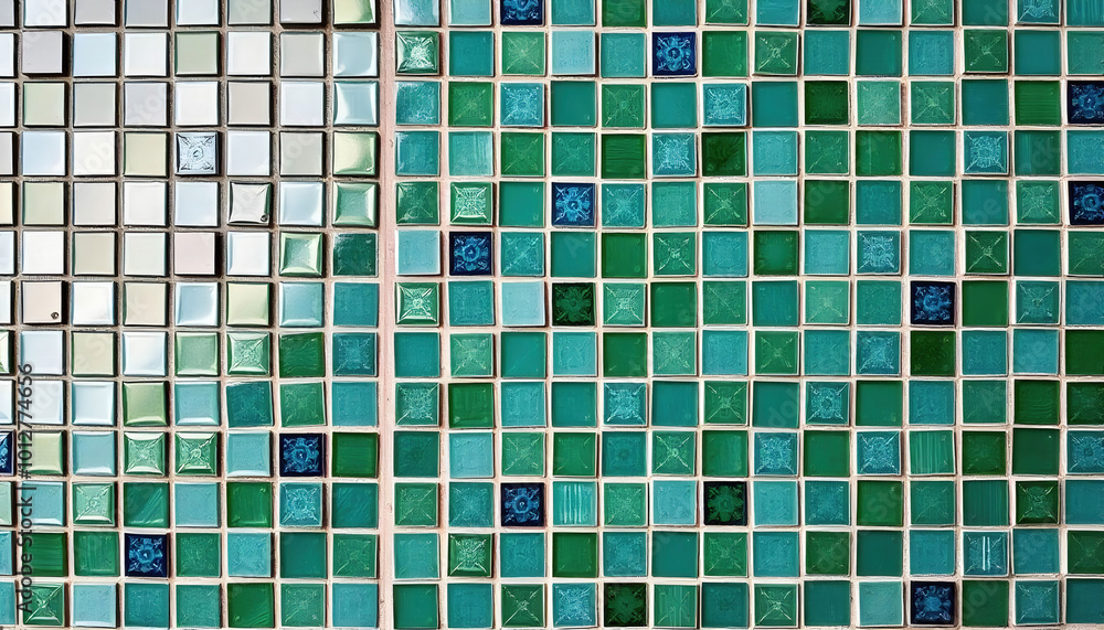 Fototapeta premium A mosaic of geometric tiles in various shades of green, creating a vibrant and artistic pattern that adds a fresh and contemporary touch to any space
