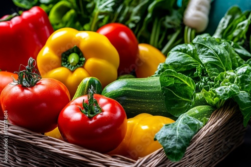 Hyper-detailed close-up of a basket of fresh vegetables, just harvested from a rural farm, with vibrant colors and textures of each plant captured