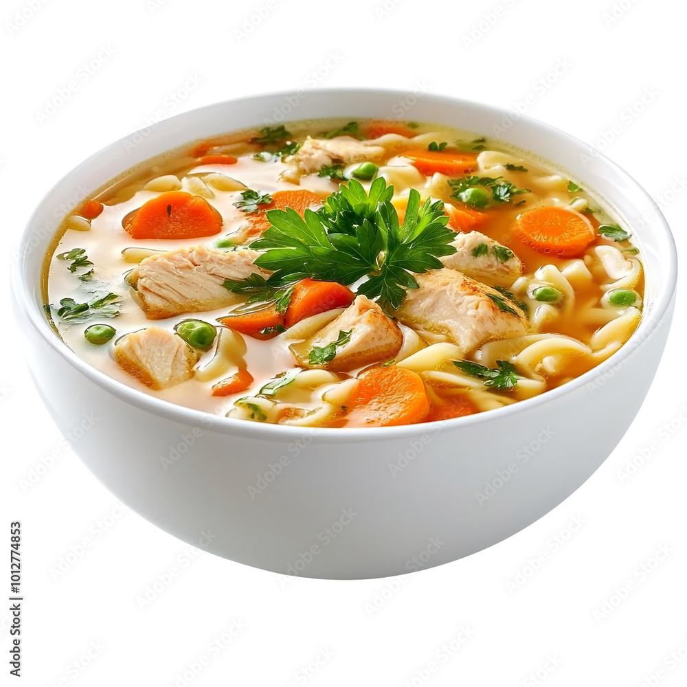 Chicken noodle soup in white bowl isolated on transparent background