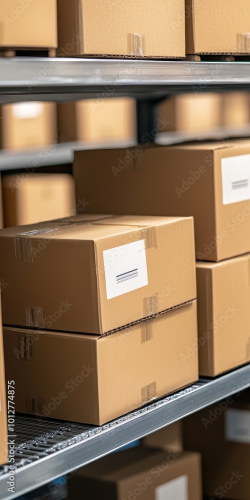 A stack of brown cardboard boxes neatly arranged on metal shelves, ideal for logistics, storage, and organization themes. A stack of brown cardboard boxes neatly arranged on metal shelves, ideal for logistics, storage, and organization themes.