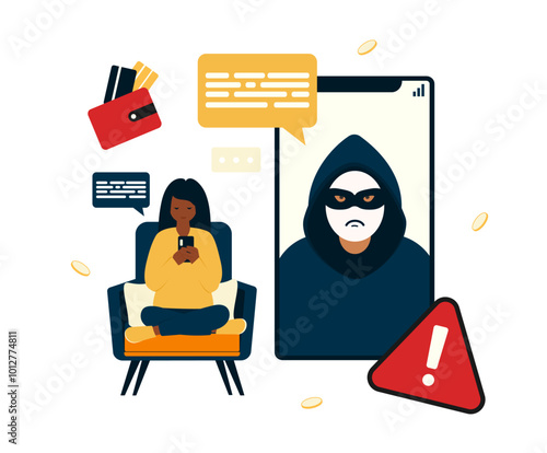 Girl in armchair communicates with internet scammer. Financial thief, сyber crime concept illustration. Flat cartoon vector illustration.