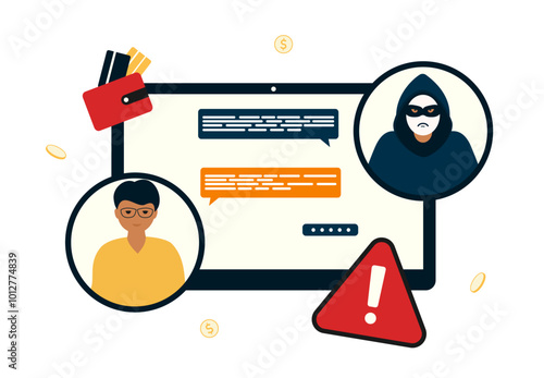 Young man communicated to Online Scams. Telephone frauds. Concept of cyber crime, data hacking, theft. Vector flat illustration isolated on white background.