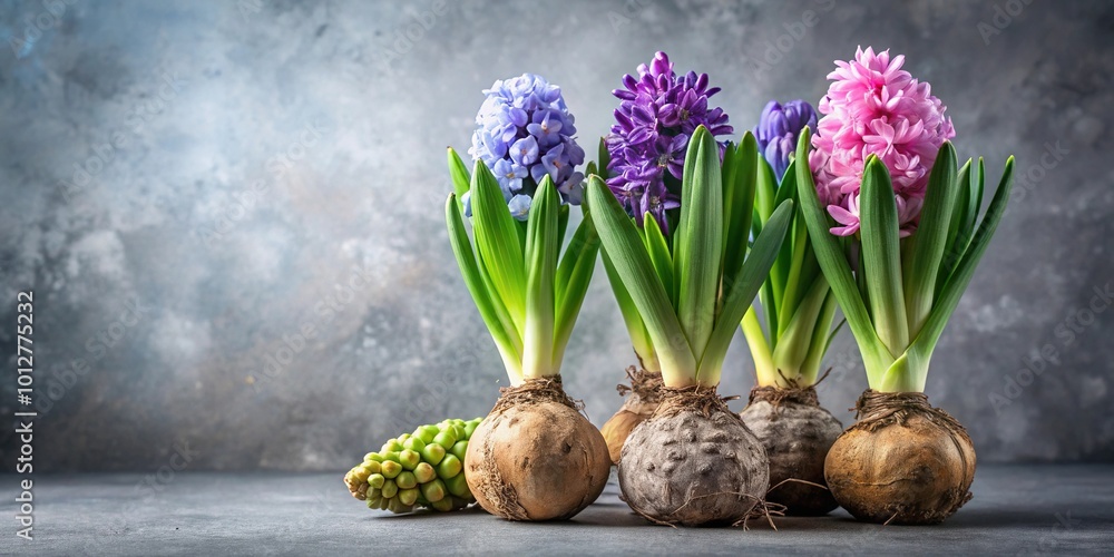 Obraz premium Fresh spring hyacinth bulbs on grey