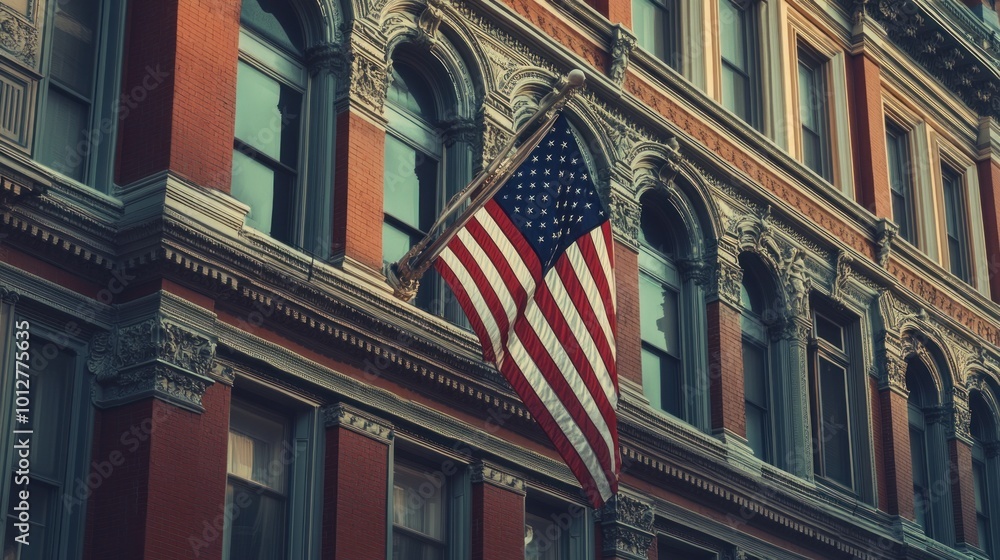 Obraz premium The American flag flies in front of the historic government building