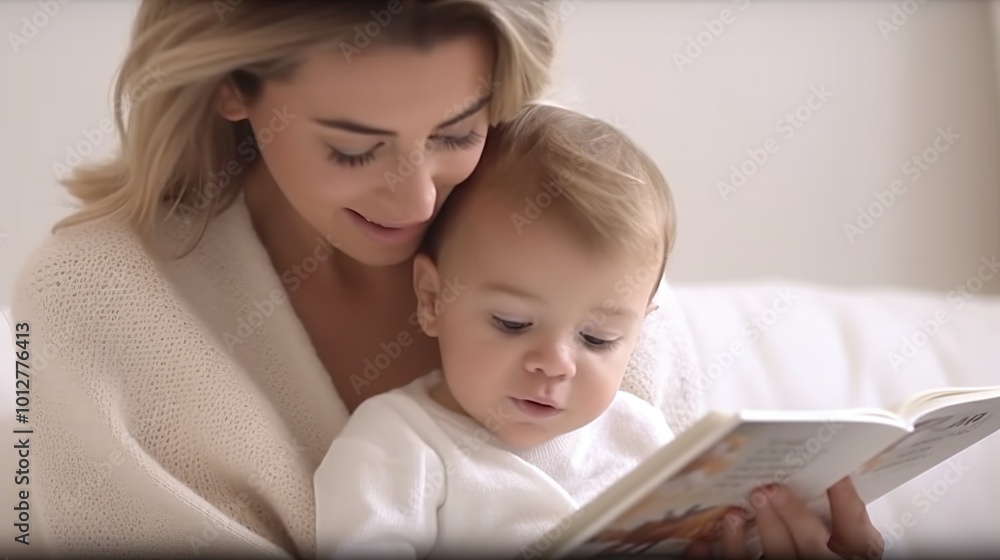 happy mother showing pictures in a book to her cute and adorable little son happy mother showing pictures in a book to her cute and adorable little son