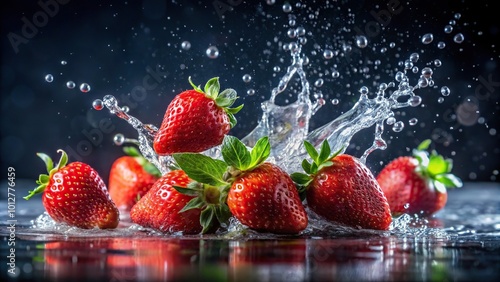 Fototapeta Naklejka Na Ścianę i Meble -  Fresh strawberries with water splash on dark background forced perspective
