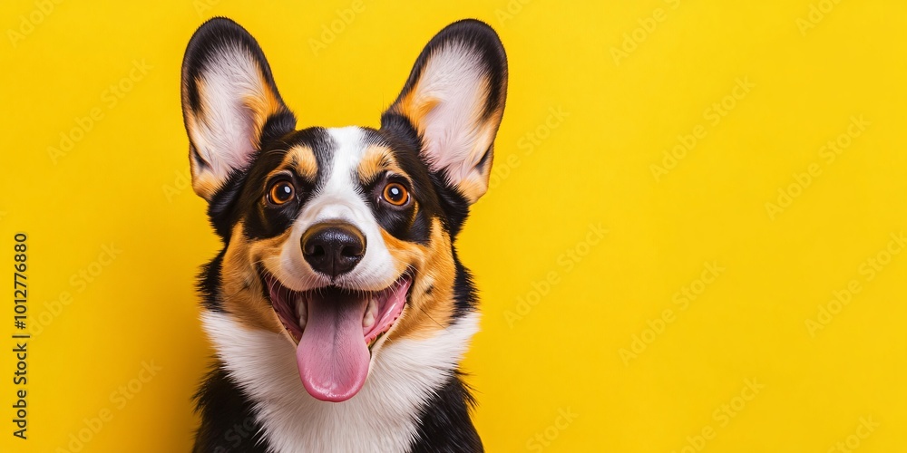 A happy dog with big ears and a big smile is sitting on a yellow background. A happy dog with big ears and a big smile is sitting on a yellow background.