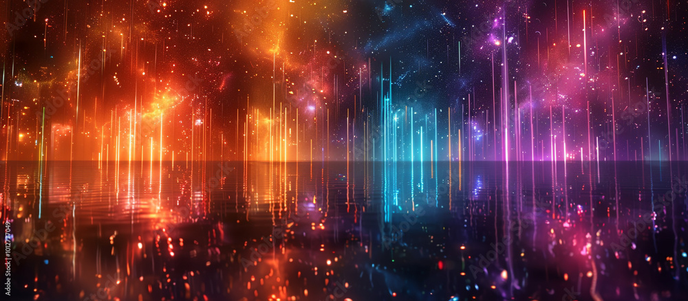 Fototapeta premium A dark cosmic scene where neon light showers down in brilliant orange, purple, and cyan, reflecting off the void and creating an ethereal glow.