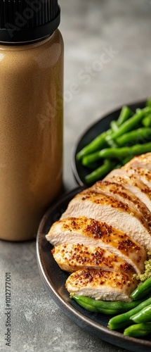 Grilled chicken slices with green beans and sauce bottle on a textured surface.