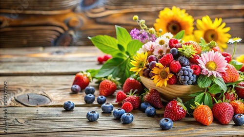 Fototapeta Naklejka Na Ścianę i Meble -  Fresh summer flowers and berries on wooden table