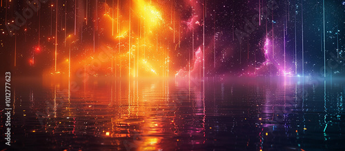 A dark cosmic scene where neon light showers down in brilliant orange, purple, and cyan, reflecting off the void and creating an ethereal glow.