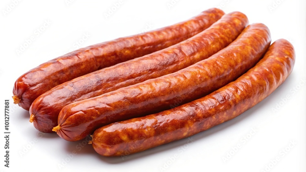 Fresh thin smoked sausage on white background Fresh thin smoked sausage on white background