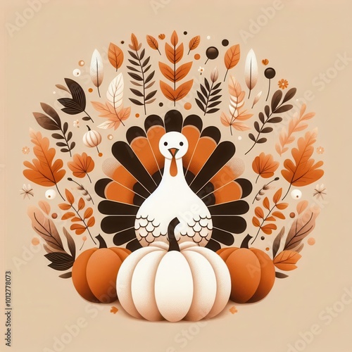 Festive autumn illustration featuring a turkey and pumpkins, perfect for Thanksgiving celebrations, seasonal decor, and fall-themed marketing materials. photo