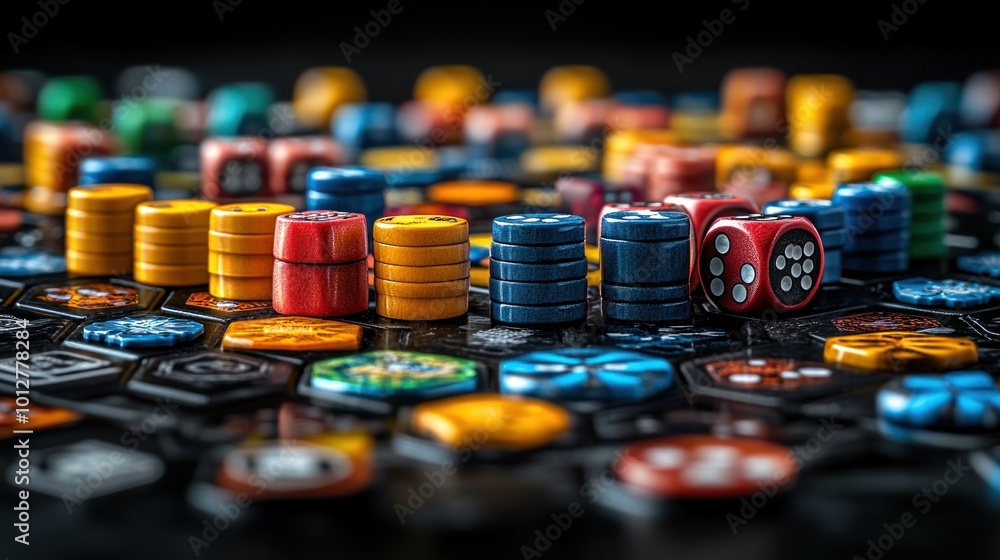 A vibrant assortment of gaming tokens, dice, and game pieces. A vibrant assortment of gaming tokens, dice, and game pieces.
