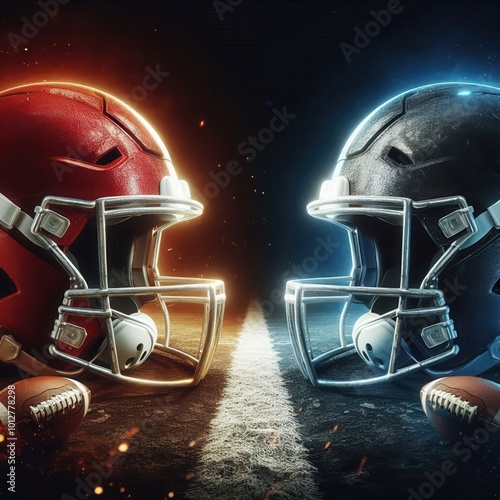 Description: Dynamic showdown of football helmets representing fierce competition. Perfect for sports marketing, event promotions, and fan engagement visuals. photo