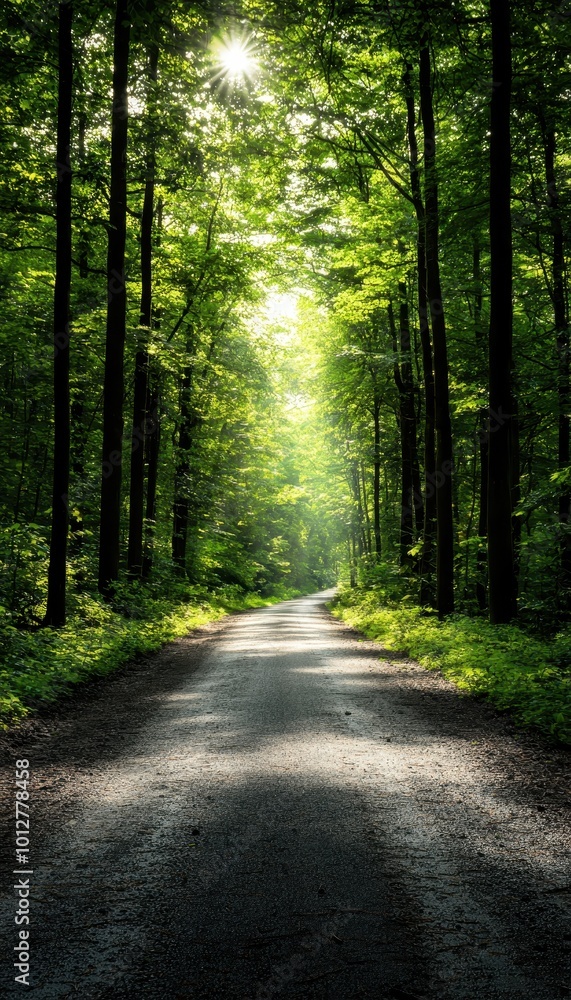 Serene forest path illuminated by sunlight, surrounded by lush greenery. Serene forest path illuminated by sunlight, surrounded by lush greenery.