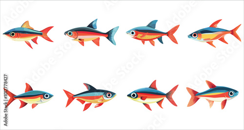 Neon tetra fish vector set. Colorful neon tetra fish collection. Set of aquarium fish vector. Aquarium Neon tetra fish vector