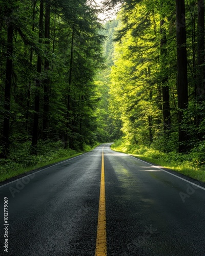 Two-lane road surrounded by lush green trees and sunlight peeking through.