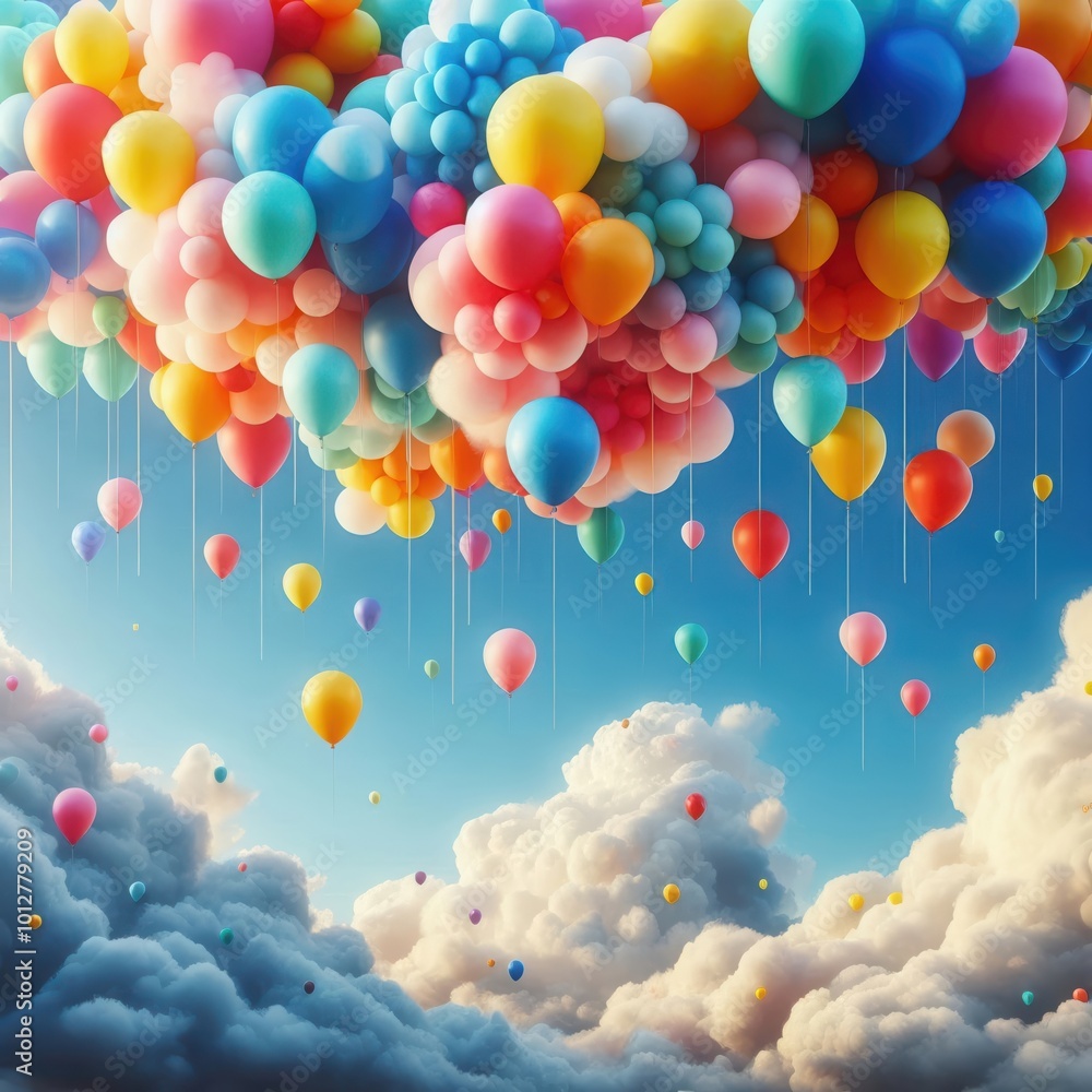 A whimsical display of colorful balloons floating amidst fluffy clouds, creating a joyful and dreamy atmosphere, perfect for celebrating special moments and events. A whimsical display of colorful balloons floating amidst fluffy clouds, creating a joyful and dreamy atmosphere, perfect for celebrating special moments and events.