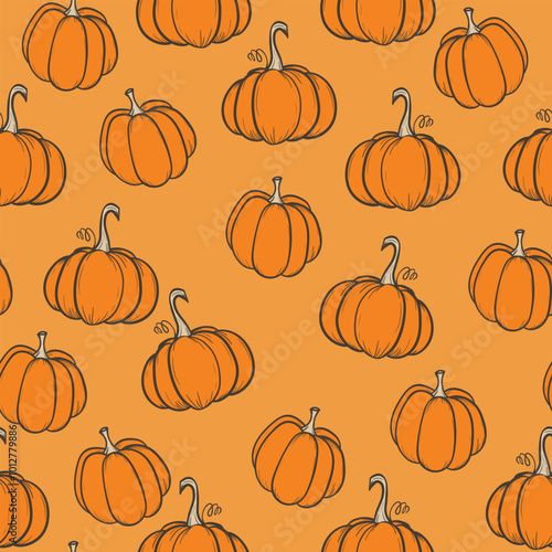 Seamless pattern with pumpkins on color background. Vector hand drawn sketched pumpkin. Autumn illustration for holidays, Halloween. Various food items in doodle style