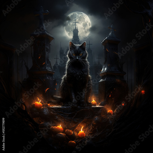 Mysterious Black Cat in a Spooky Halloween Graveyard