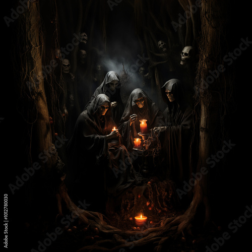 Mysterious collection of hooded skeleton figures performing a ritual with glowing candles in a dark, eerie forest environment.