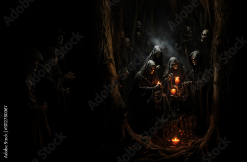 Mysterious collection of hooded skeleton figures performing a ritual with glowing candles in a dark, eerie forest environment.