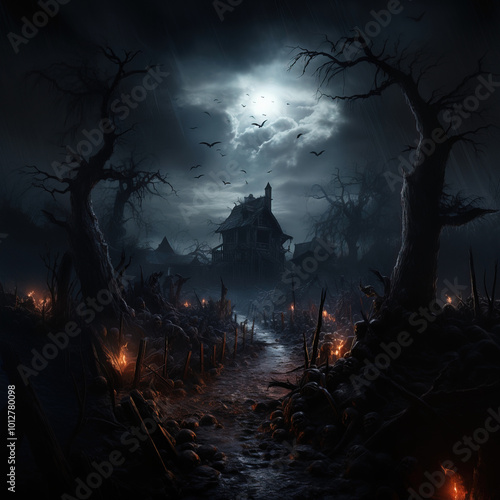 Spooky Haunted House Under a Eerie Moonlit Night