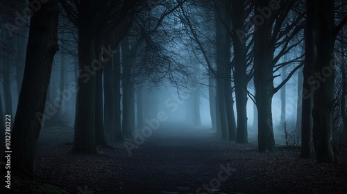 A misty forest path shrouded in fog, surrounded by tall, dark trees creating an eerie, mysterious atmosphere.
