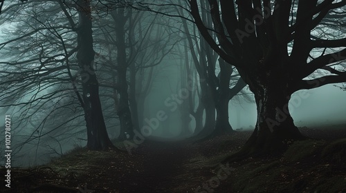 A fog-shrouded forest path lined with dark, twisted trees, creating a mysterious and eerie atmosphere under the dim, muted light.