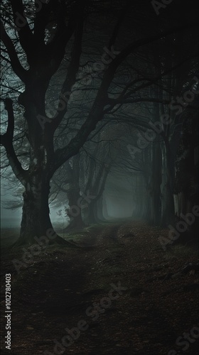 A fog-shrouded forest path lined with dark, twisted trees, creating a mysterious and eerie atmosphere under the dim, muted light.