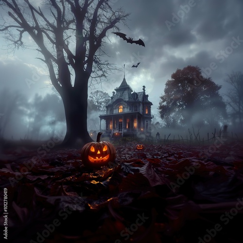 Spooky Halloween Night with Haunted House and Jack-o'-Lanterns