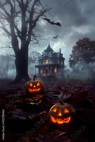 Spooky Halloween Night with Haunted House and Jack-o'-Lanterns