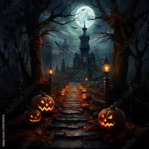 Spooky Pathway to Haunted House on Halloween Night