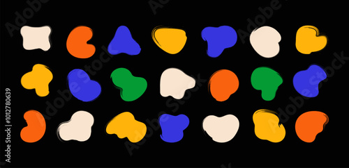 Hand-painted bright color organic free form grungy vector rounded liquid shapes. Set of amoeba-shaped Grunge brush texture blots. Isolated hand-drawn stamps. Design elements for logo, label or emblem