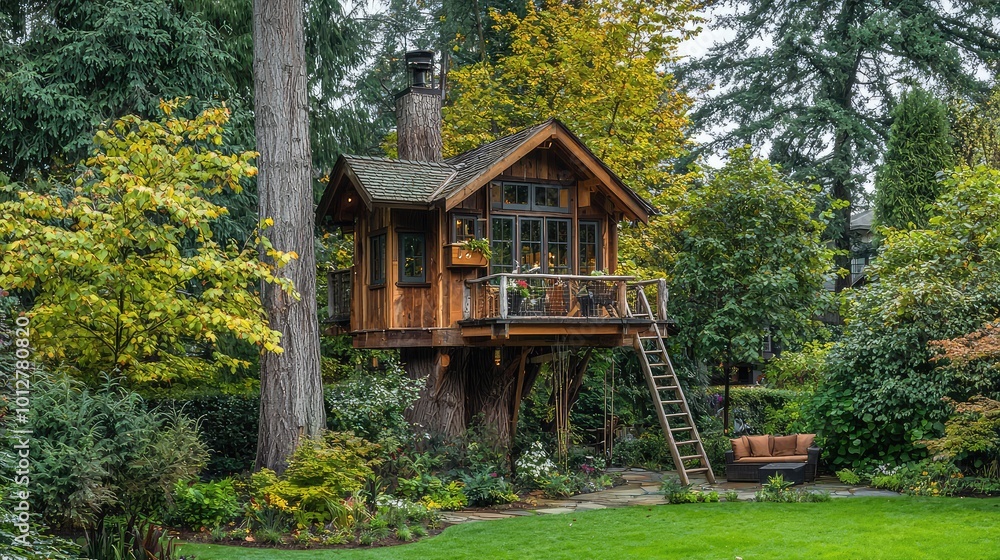 A charming wooden treehouse nestled among lush greenery, offering a peaceful retreat amidst nature's beauty. A charming wooden treehouse nestled among lush greenery, offering a peaceful retreat amidst nature's beauty.