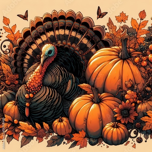 Celebrate autumn with this vibrant illustration featuring a majestic turkey and pumpkins, perfect for Thanksgiving and seasonal decor. photo